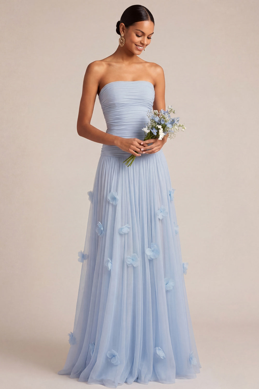 Leely Women Light Blue A Line Floral Appliqued Long Formal Dress Strapless Backless Sleeveless Wedding Guest Dress