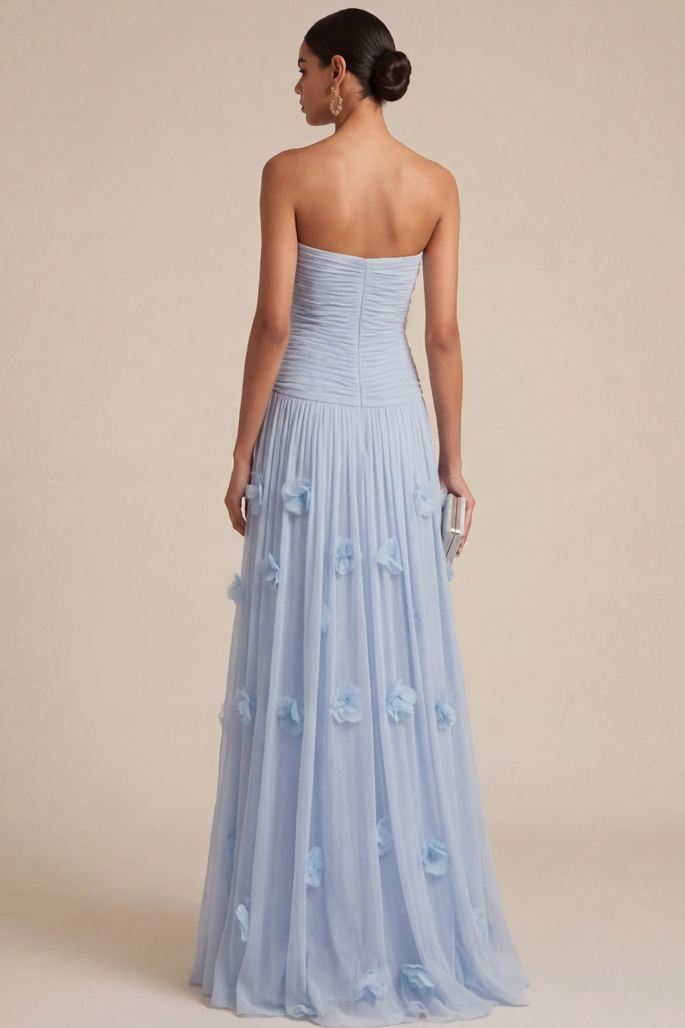 Light Blue A Line Strapless Floral Appliqued Long Formal Dress