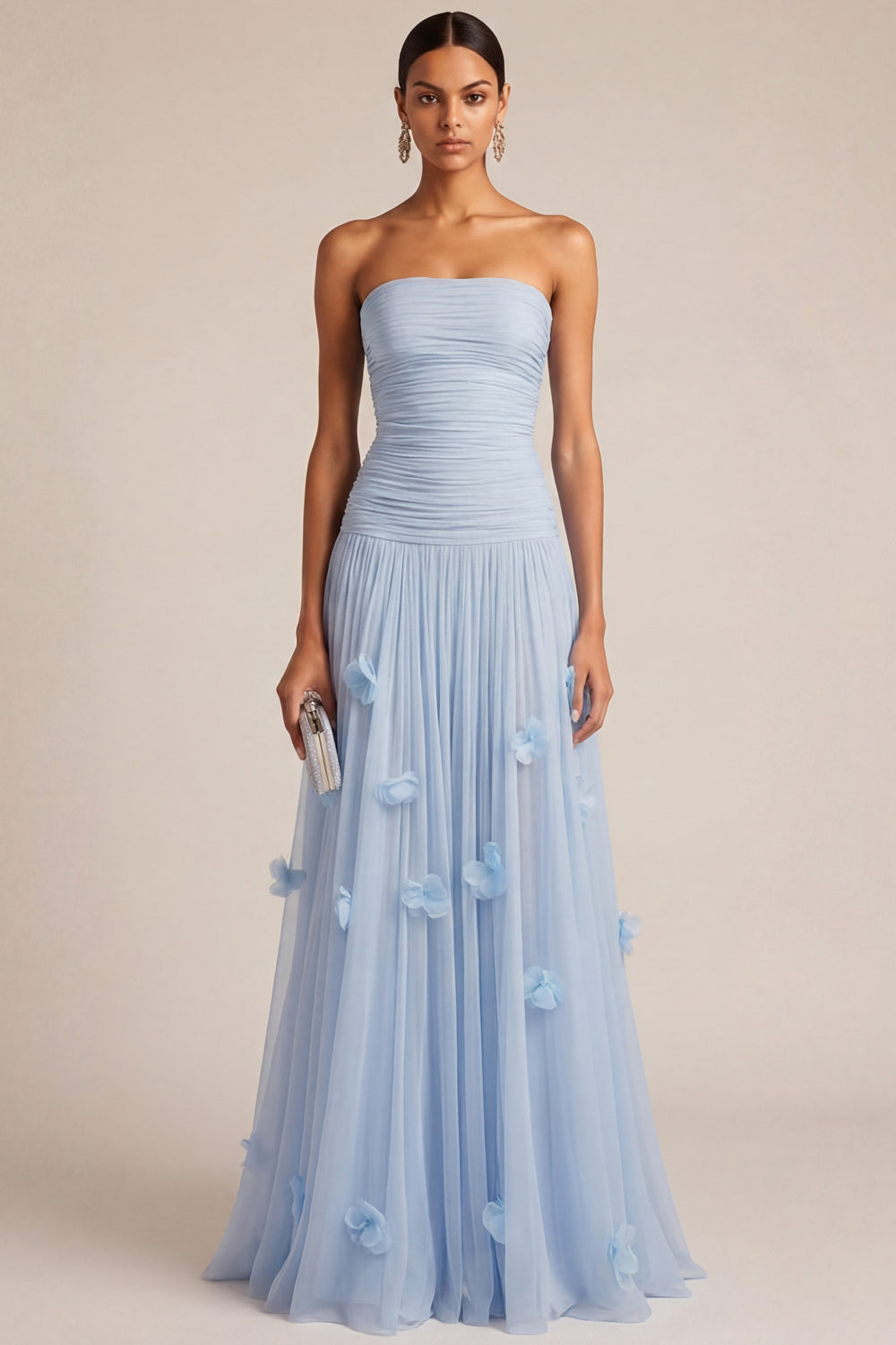 Light Blue A Line Strapless Floral Appliqued Long Formal Dress