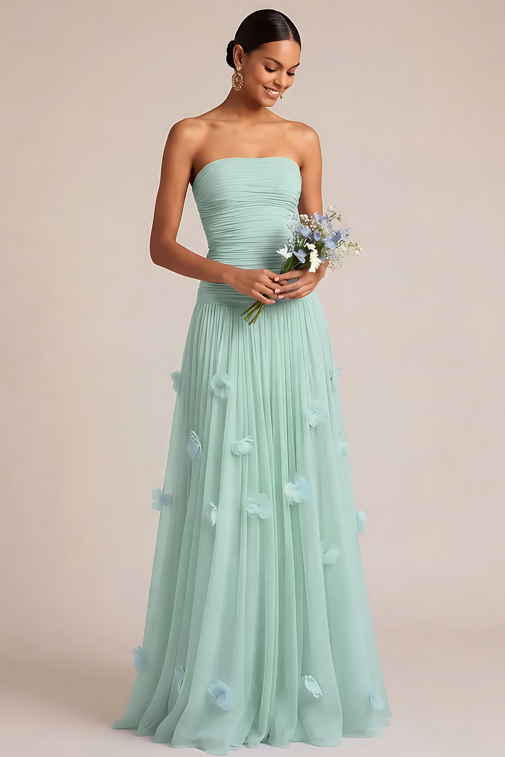 Light Blue A Line Strapless Floral Appliqued Long Bridesmaid Dress