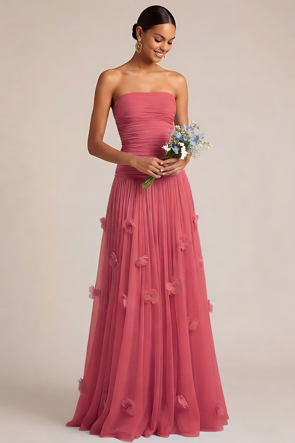Leely Women Light Blue A Line Floral Appliqued Long Formal Dress Strapless Backless Sleeveless Wedding Guest Dress