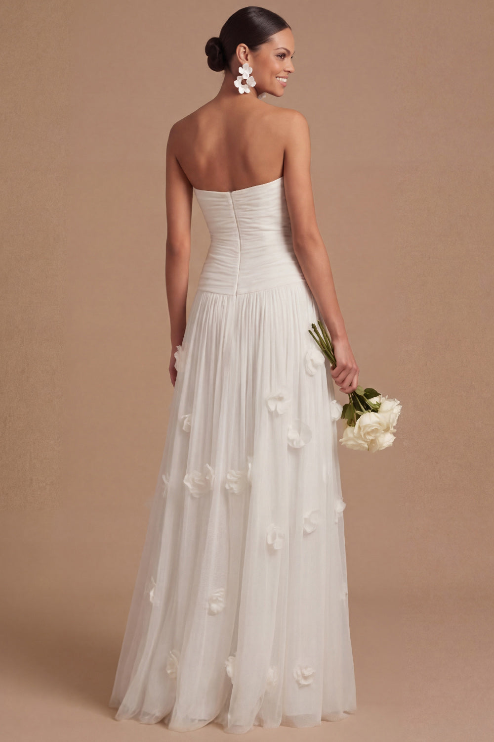 White A Line Strapless Floral Appliqued Long Wedding Reception Dress