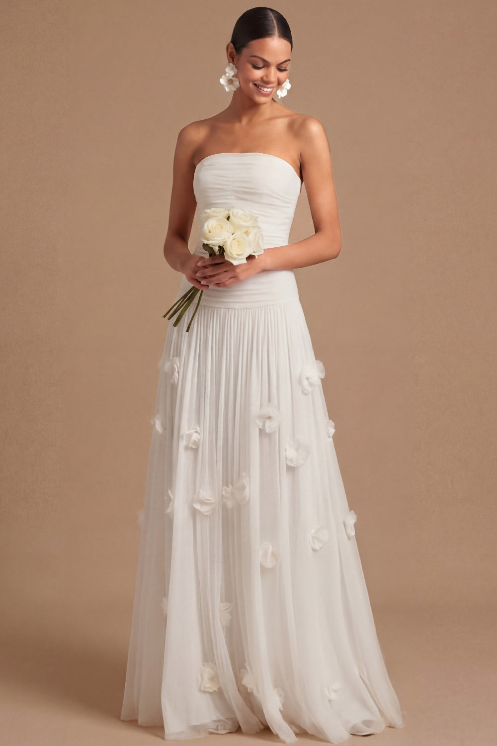 White A Line Strapless Floral Appliqued Long Wedding Reception Dress