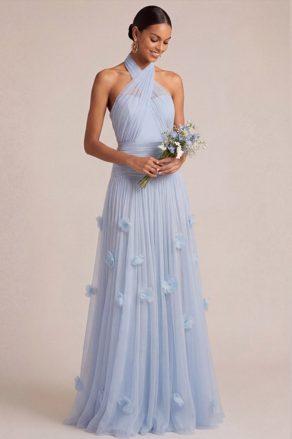 Leely Women A Line Appliqued Light Blue Long Formal Dress Halter Neck Pleated Sleeveless Wedding Guest Dress
