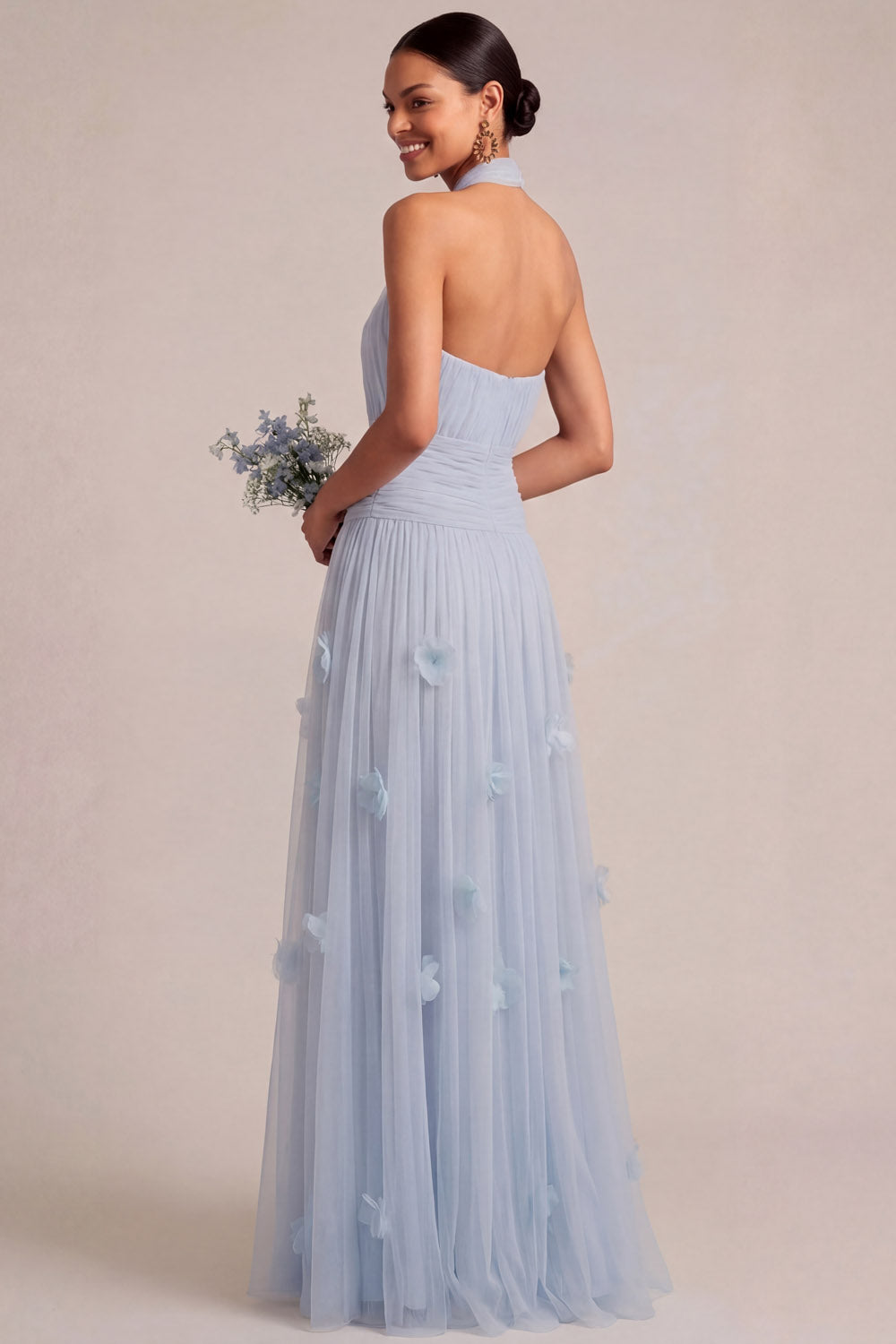 A Line Halter Neck Appliqued Light Blue Long Formal Dress