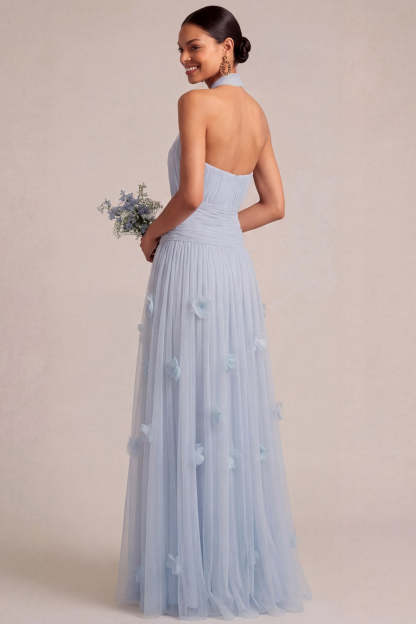 A Line Halter Neck Appliqued Light Blue Long Formal Dress