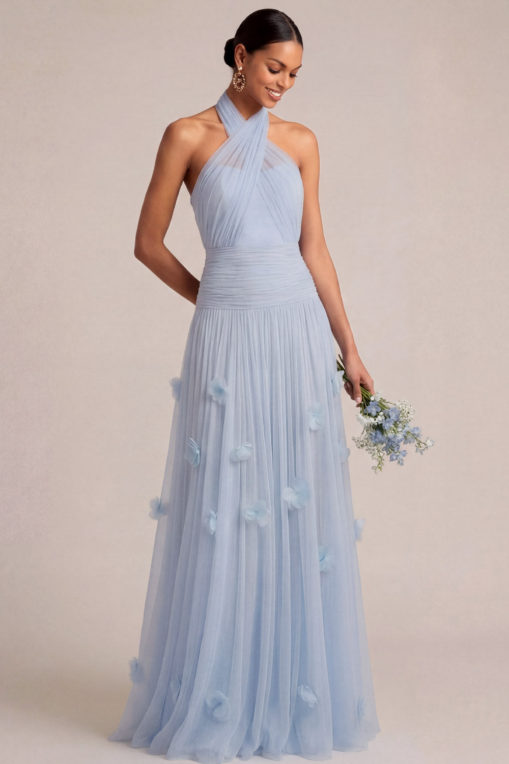 A Line Halter Neck Appliqued Light Blue Long Formal Dress