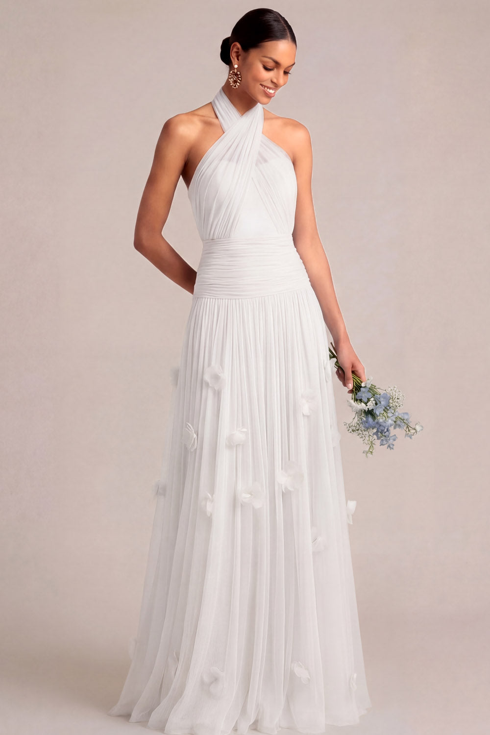 A Line Halter Neck Appliqued White Long Engagement Dress