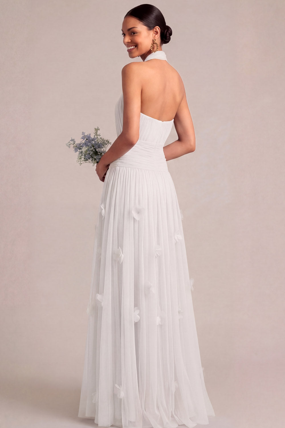 A Line Halter Neck Appliqued White Long Engagement Dress