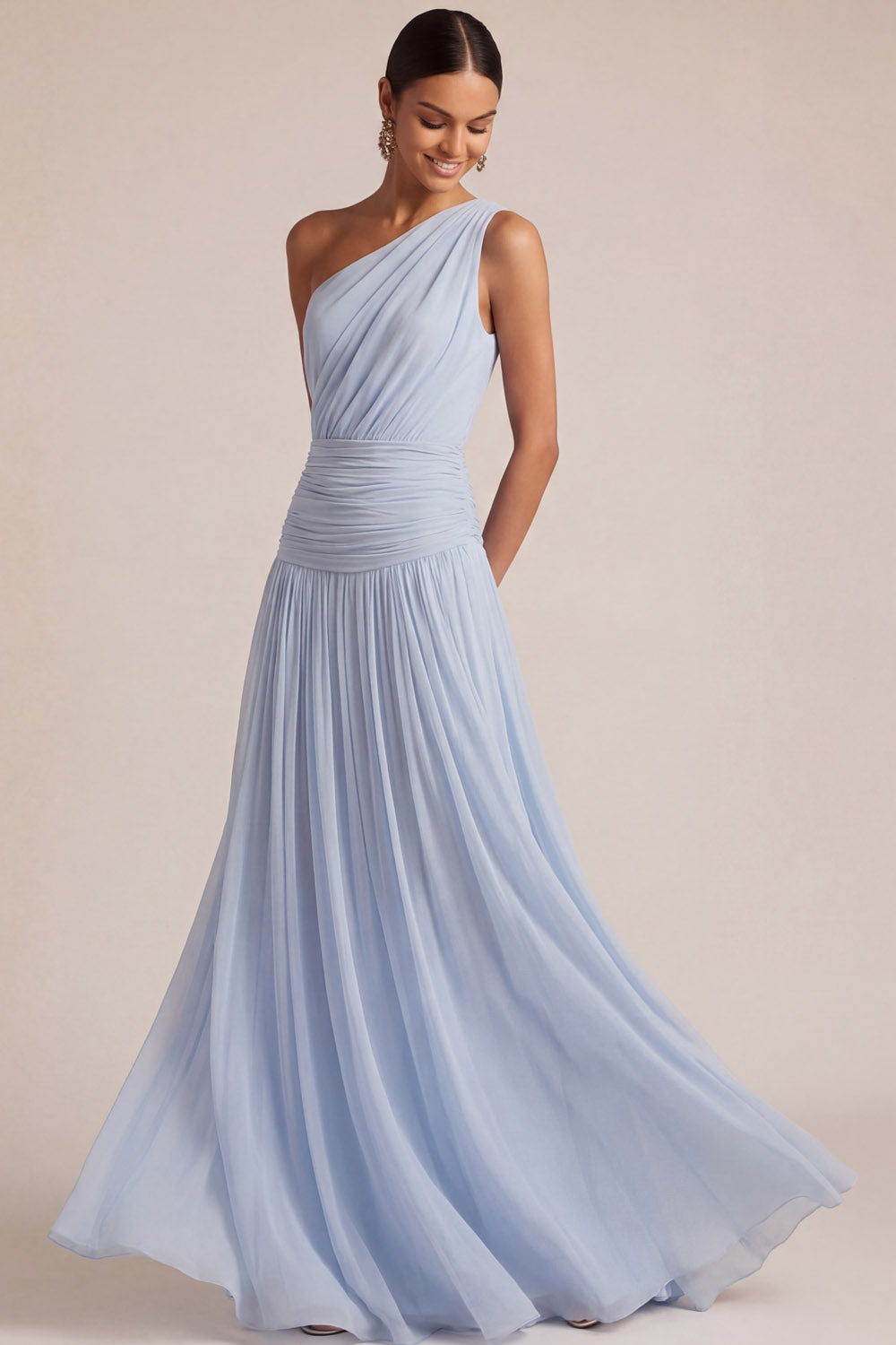 Leely Women Light Blue One Shoulder A Line Long Wedding Guest Dress Pleated Backless Sleeveless Formal Dress