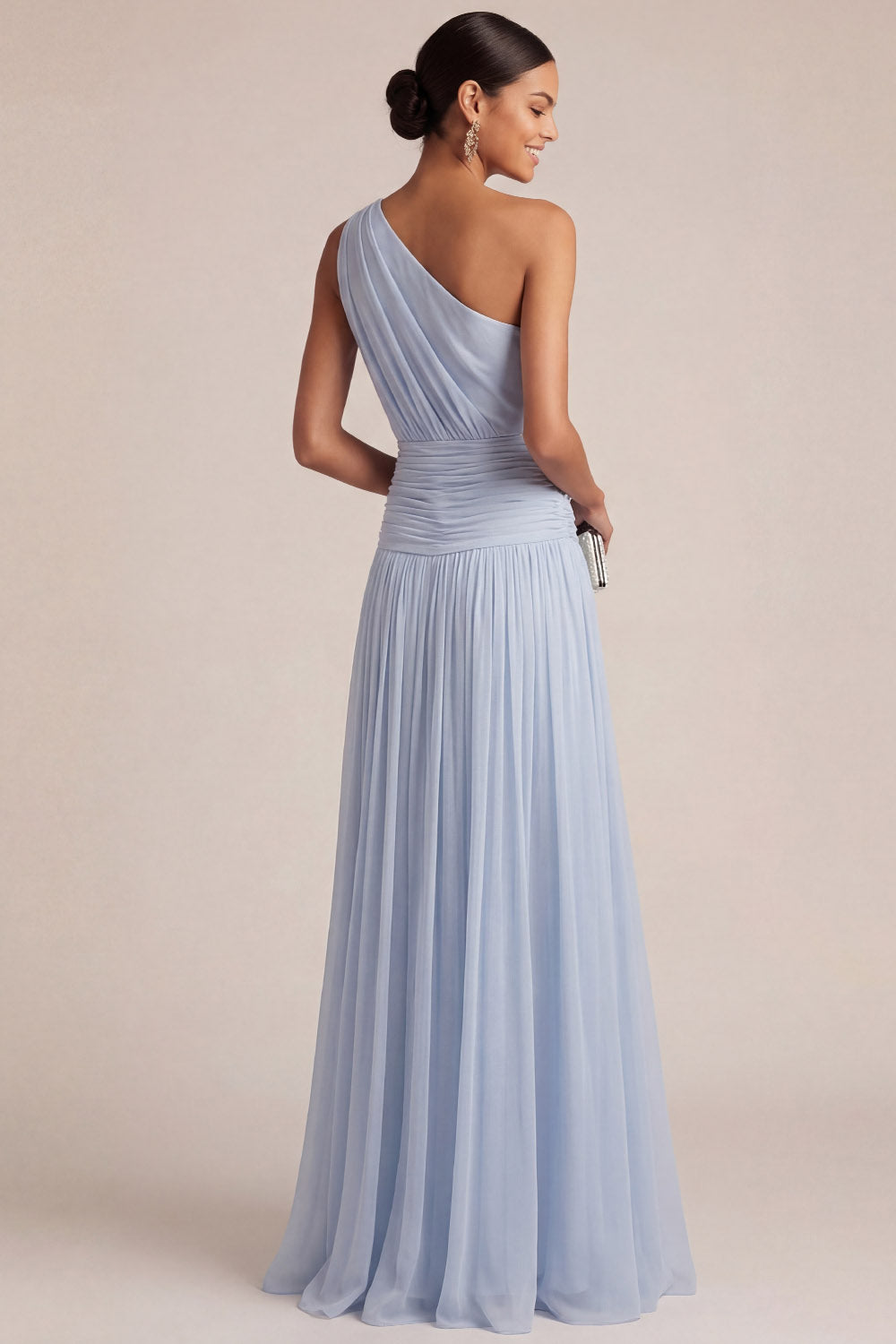 Light Blue One Shoulder A Line Pleated Long Wedding Guest Dress