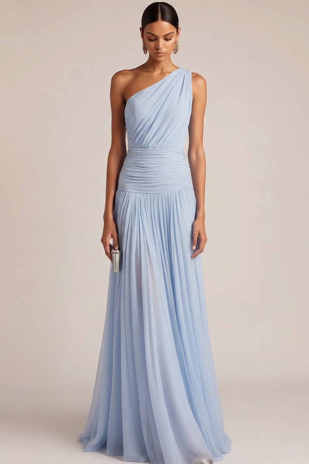 Light Blue One Shoulder A Line Pleated Long Wedding Guest Dress