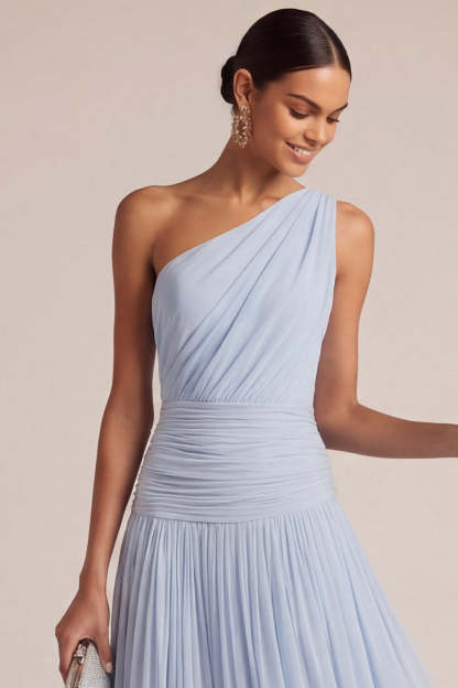 Light Blue One Shoulder A Line Pleated Long Wedding Guest Dress