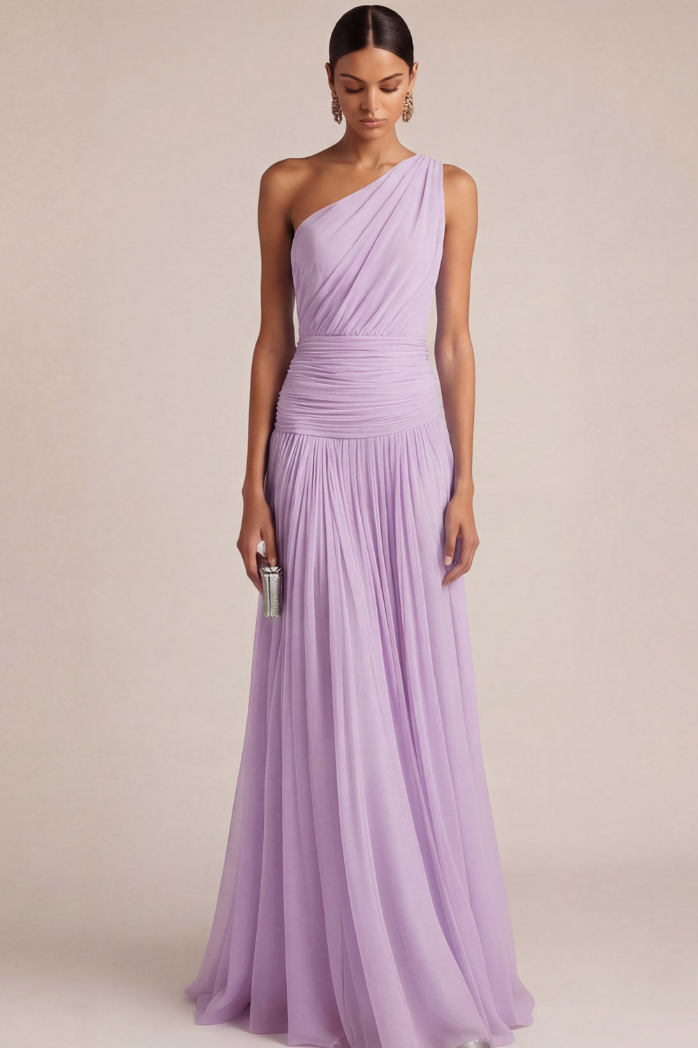 Light Blue One Shoulder A Line Pleated Long Wedding Guest Dress