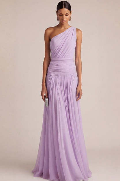 Light Blue One Shoulder A Line Pleated Long Wedding Guest Dress