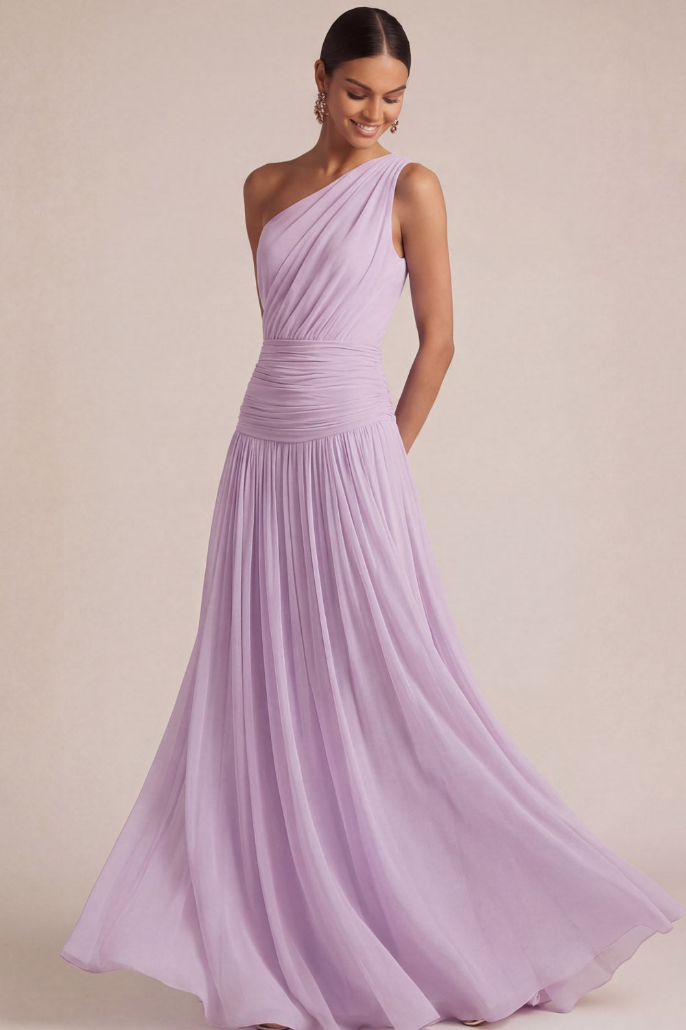 Light Blue One Shoulder A Line Pleated Long Wedding Guest Dress