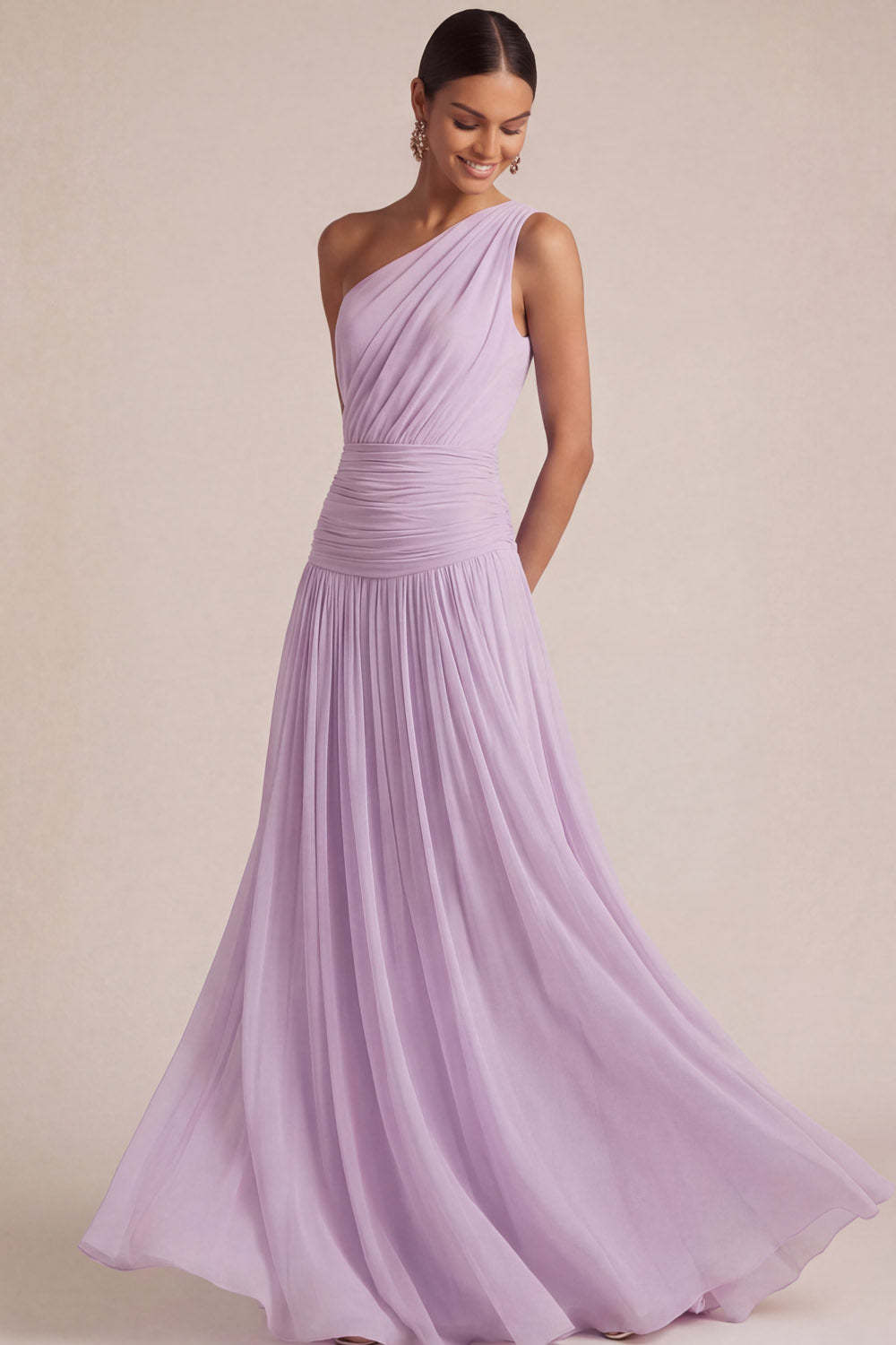 Light Blue One Shoulder A Line Pleated Long Wedding Guest Dress