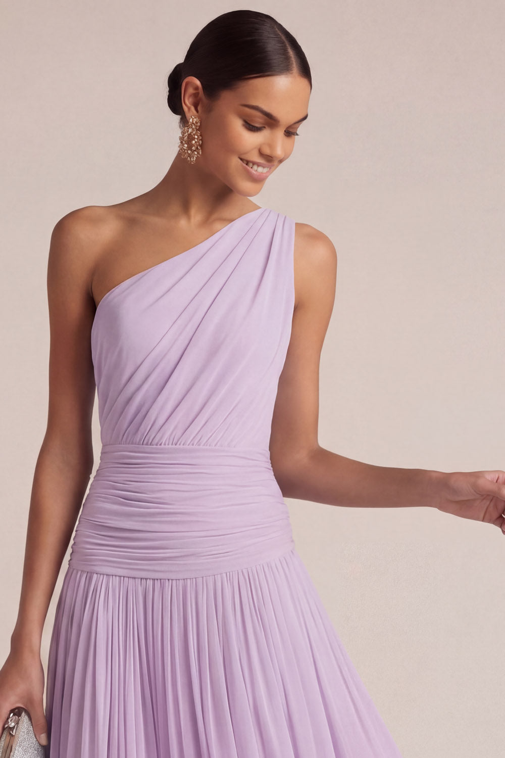 Light Blue One Shoulder A Line Pleated Long Wedding Guest Dress