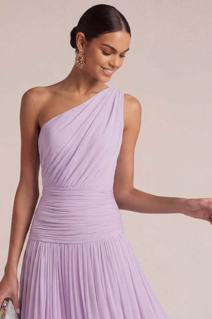 Light Blue One Shoulder A Line Pleated Long Wedding Guest Dress