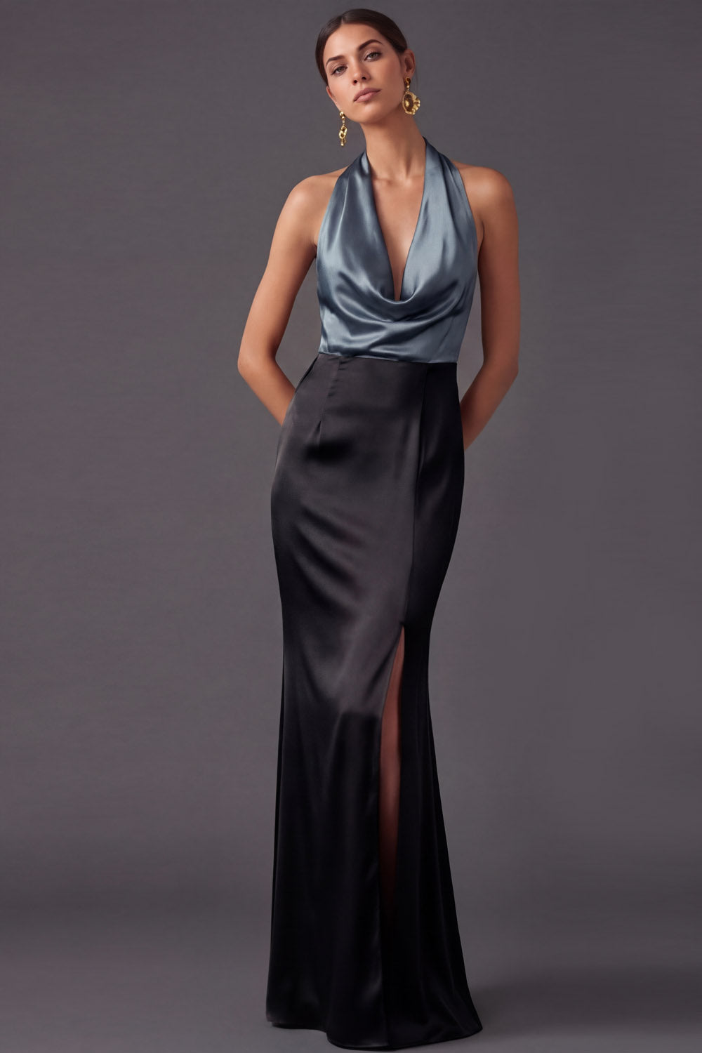 Leely Women Dusty Blue Sheath Long Formal Dress with Slit Halter Neck Backless Sleeveless Wedding Guest Dress