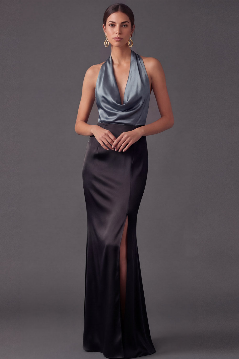 Dusty Blue Sheath Halter Neck Long Formal Dress with Slit