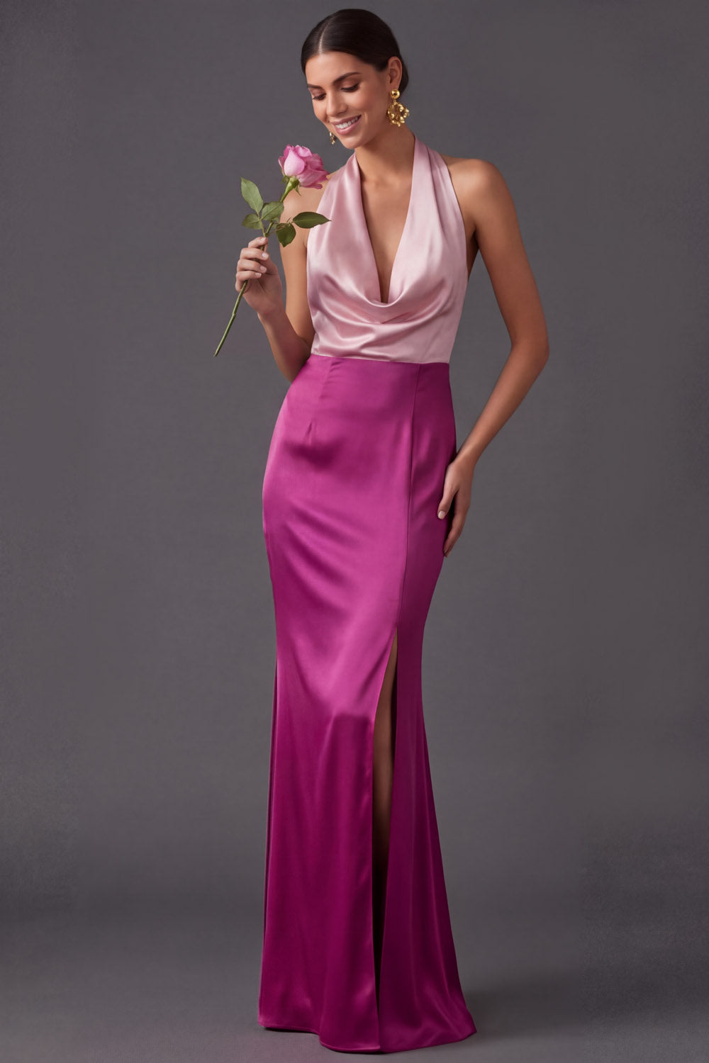 Dusty Blue Sheath Halter Neck Long Formal Dress with Slit