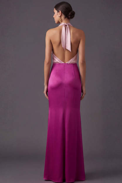 Dusty Blue Sheath Halter Neck Long Formal Dress with Slit