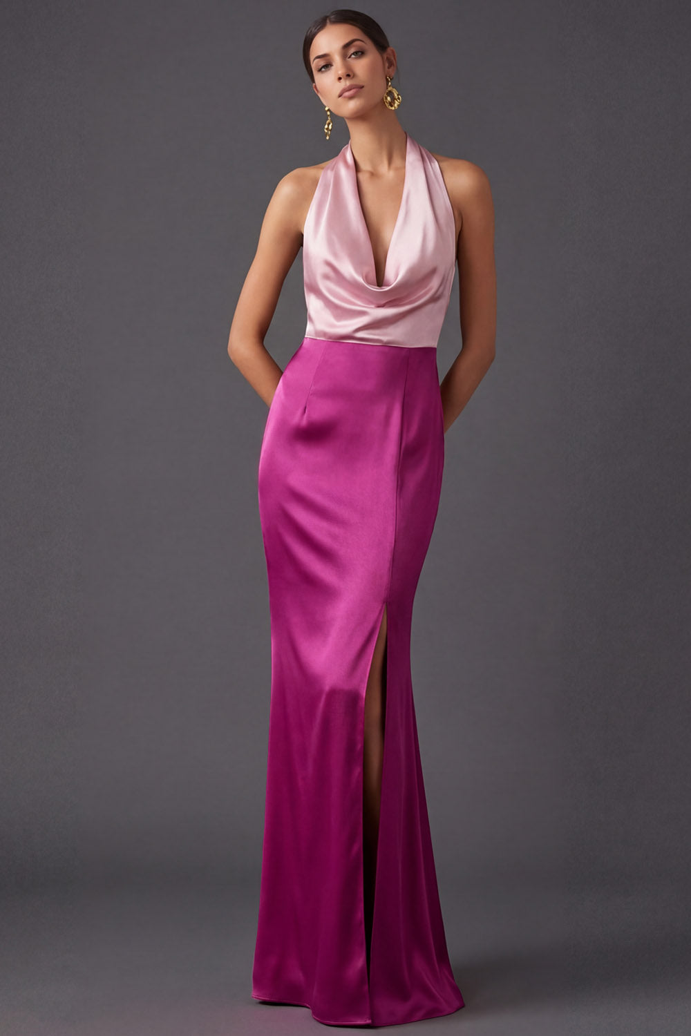 Dusty Blue Sheath Halter Neck Long Formal Dress with Slit