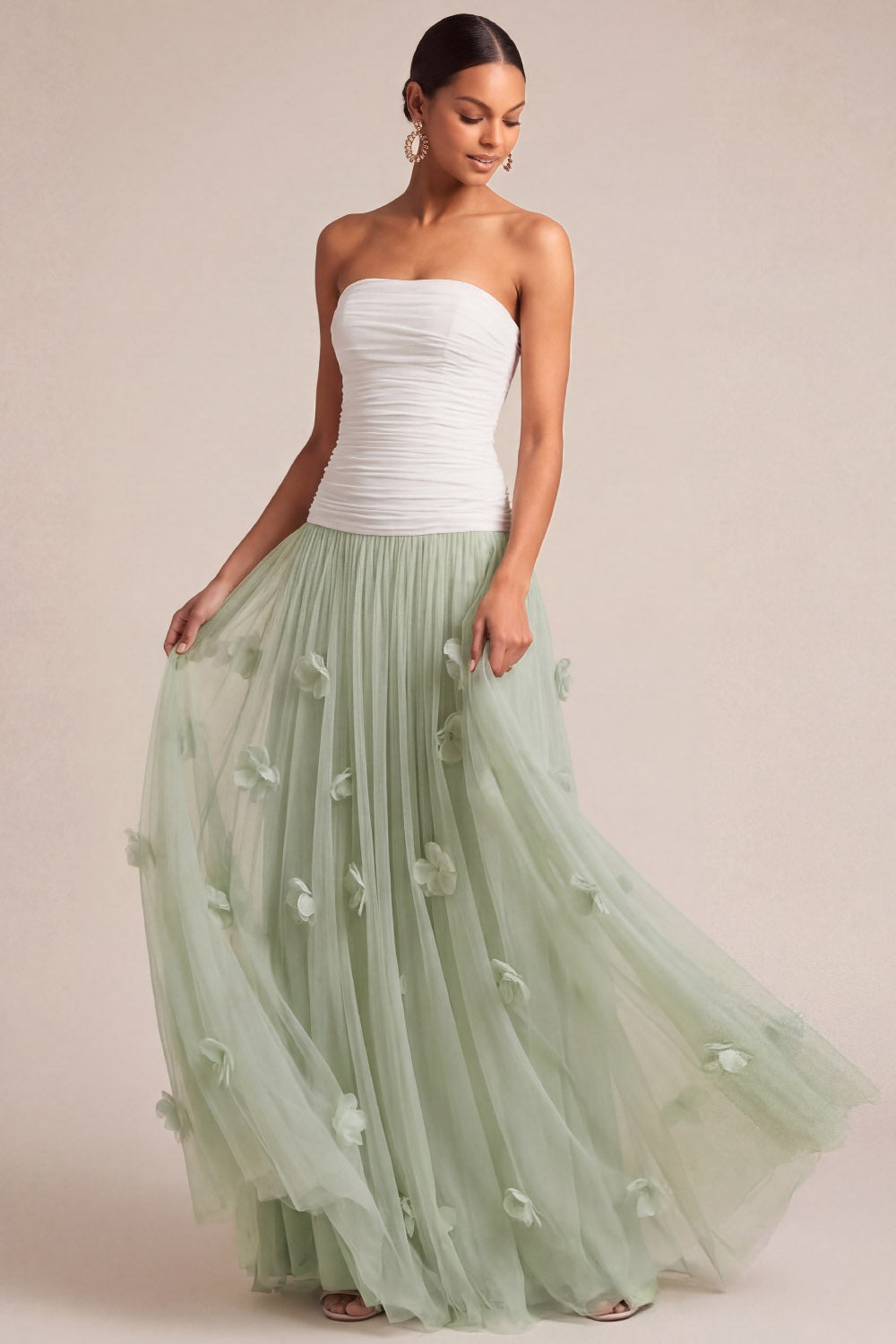 Dusty Sage Strapless A Line Long Appliqued Ruched Wedding Guest Dress