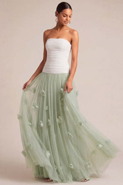 Leely Women Dusty Sage Long A Line Wedding Guest Dress Appliqued Strapless Ruched Garden Party Dress