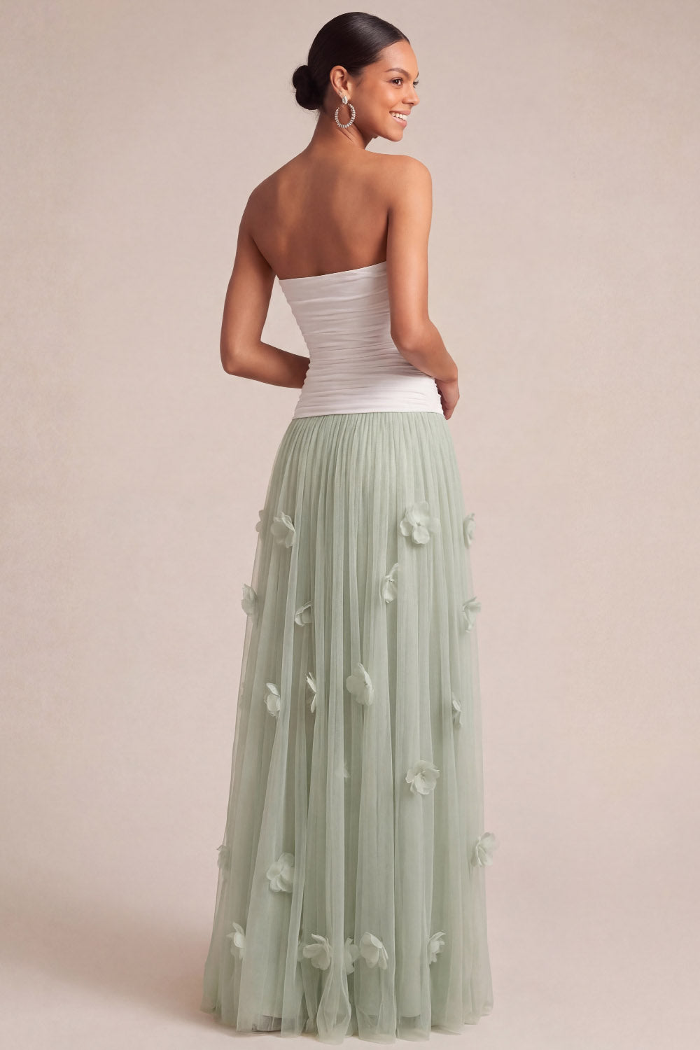 Dusty Sage Strapless A Line Long Appliqued Ruched Wedding Guest Dress