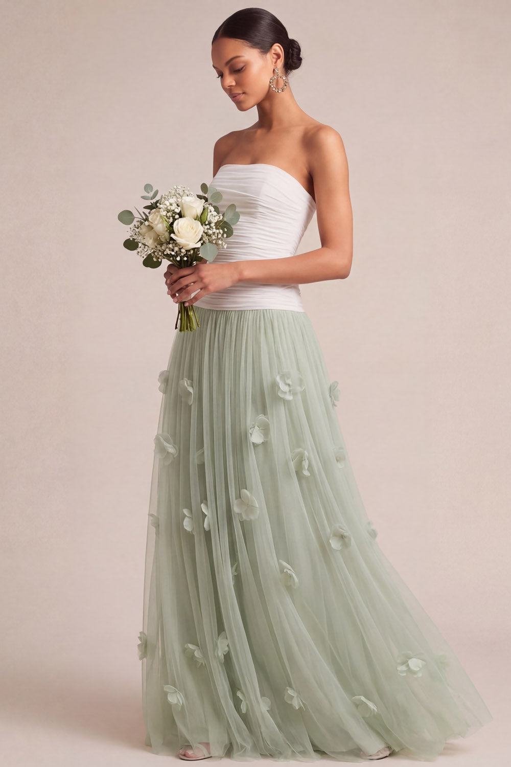 Dusty Sage Strapless A Line Long Appliqued Ruched Wedding Guest Dress