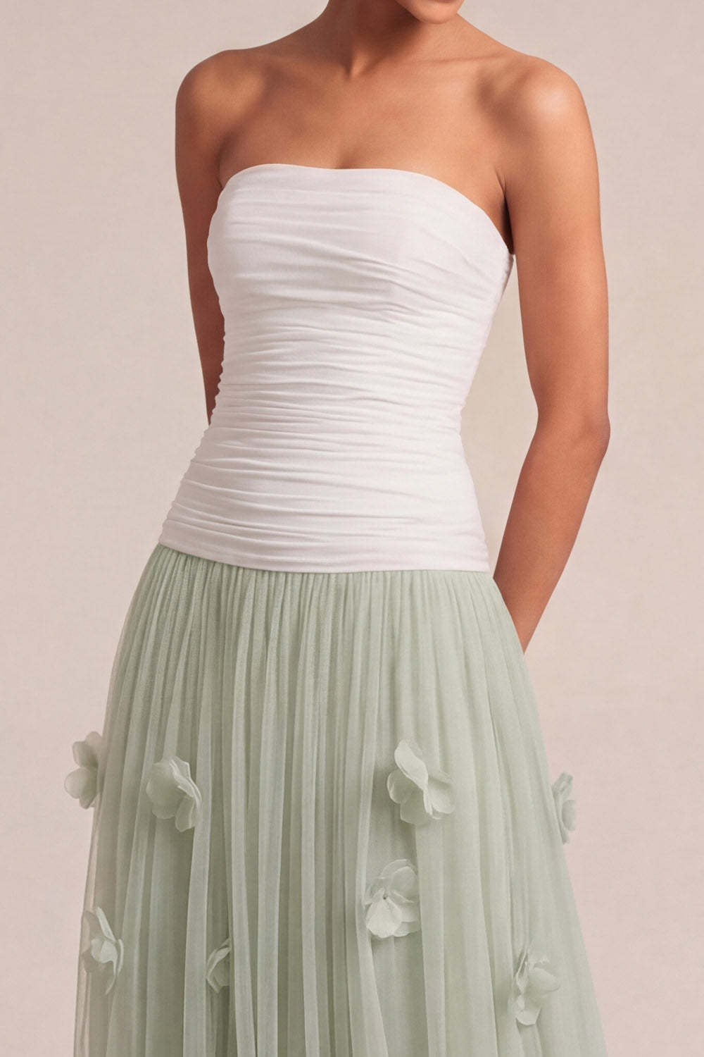 Dusty Sage Strapless A Line Long Appliqued Ruched Wedding Guest Dress