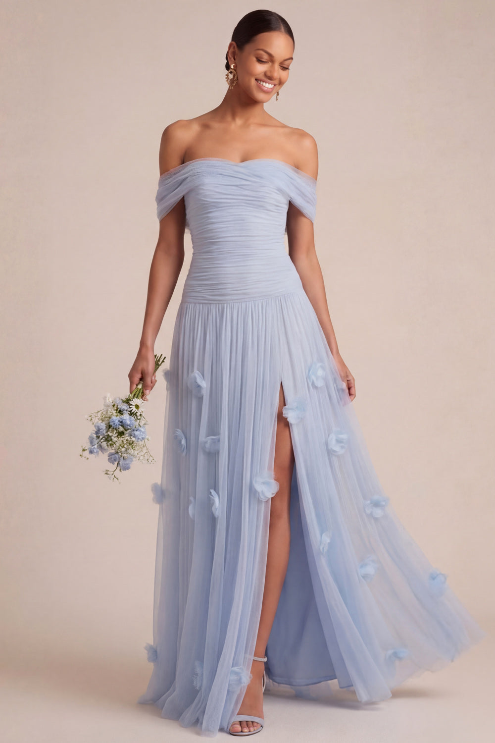 Leely Women Light Blue Long A Line Wedding Guest Dress with Slit Appliqued Off the Shoulder Ruched Garden Party Dress