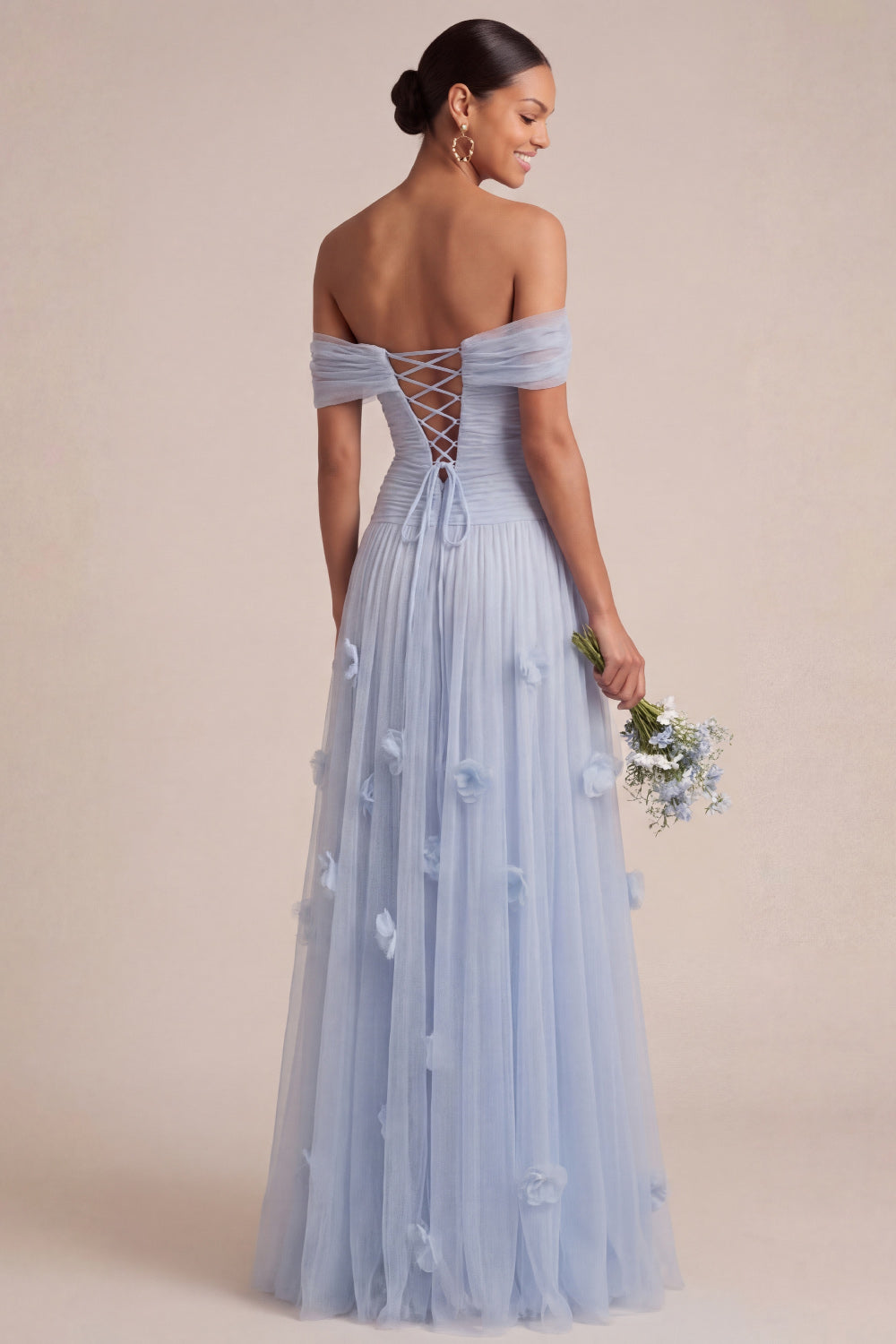 Light Blue A Line Long Appliqued Ruched Wedding Guest Dress with Slit