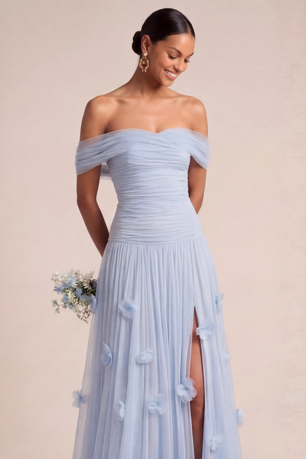 Light Blue A Line Long Appliqued Ruched Wedding Guest Dress with Slit