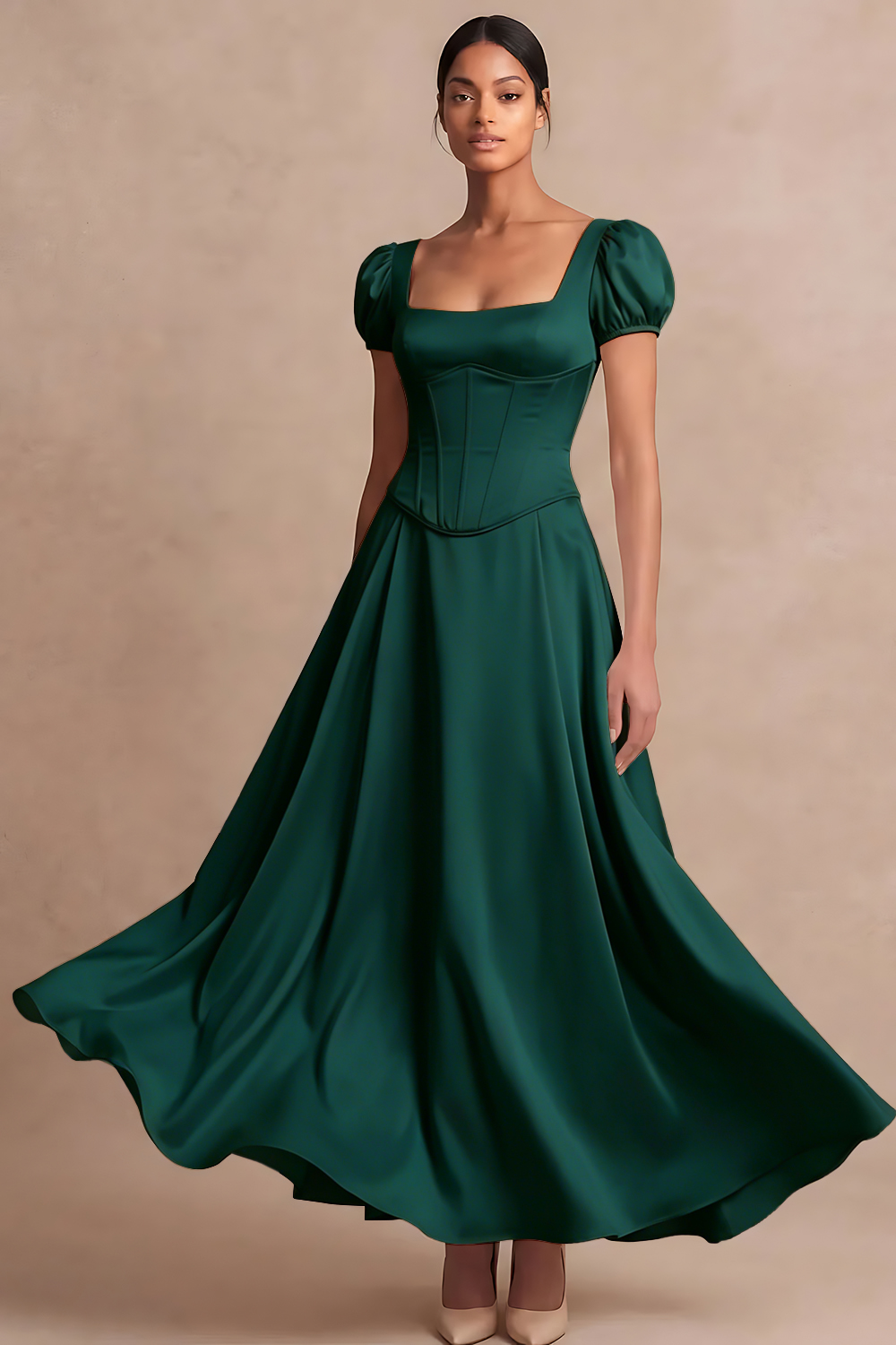 Satin White A Line Corset Puff Sleeves Long Engagement Dress
