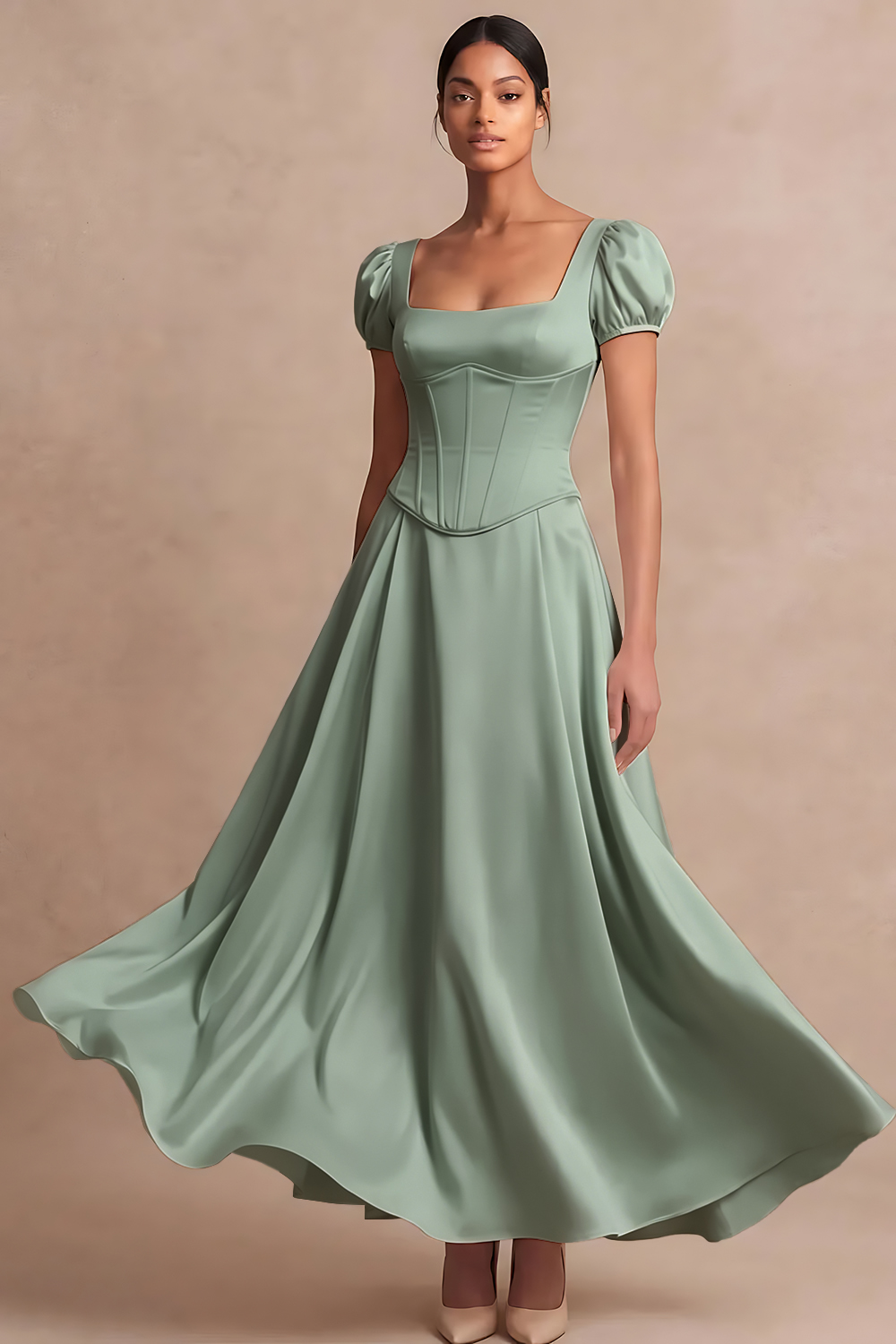 Leely Women Satin White A Line Corset Long Engagement Dress Puff Sleeves Square Neck Wedding Reception Dress