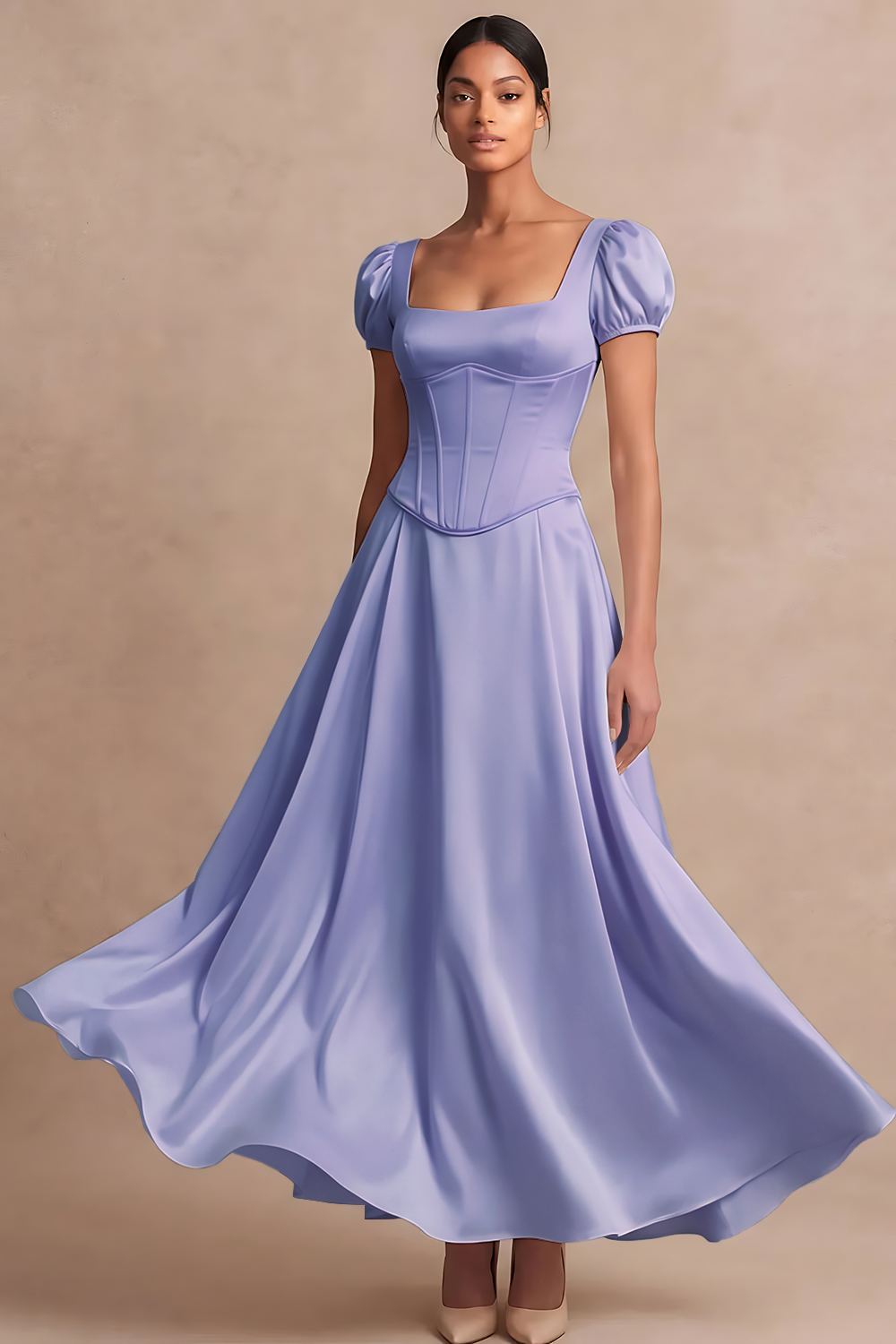 Satin White A Line Corset Puff Sleeves Long Engagement Dress