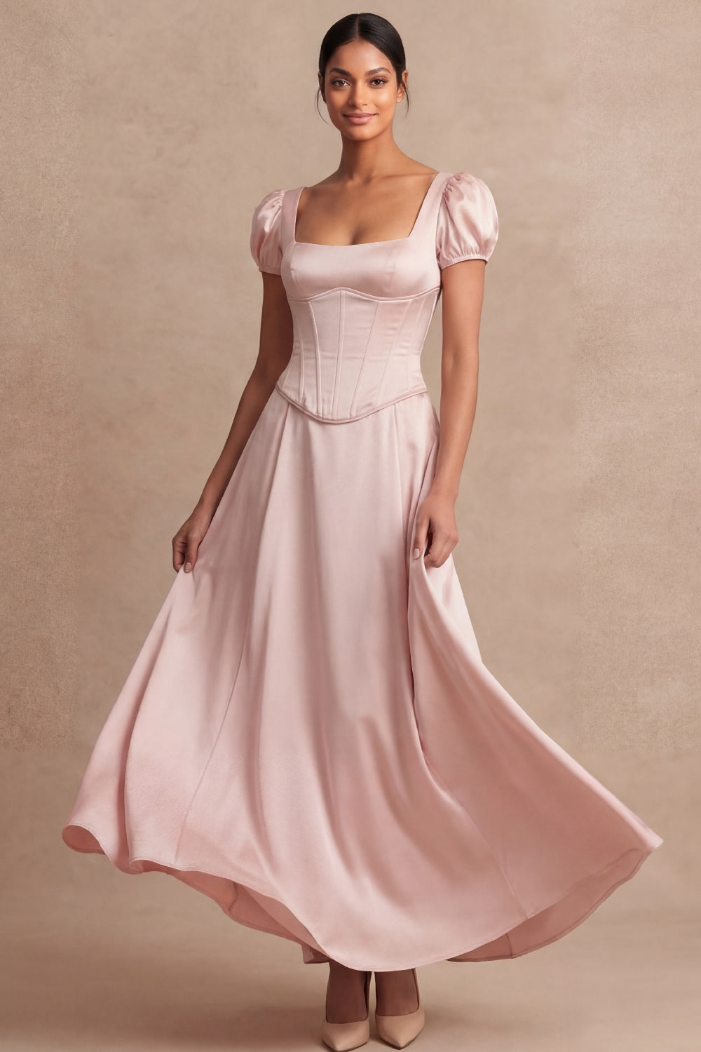 Satin Pink A Line Corset Puff Sleeves Long Wedding Guest Dress