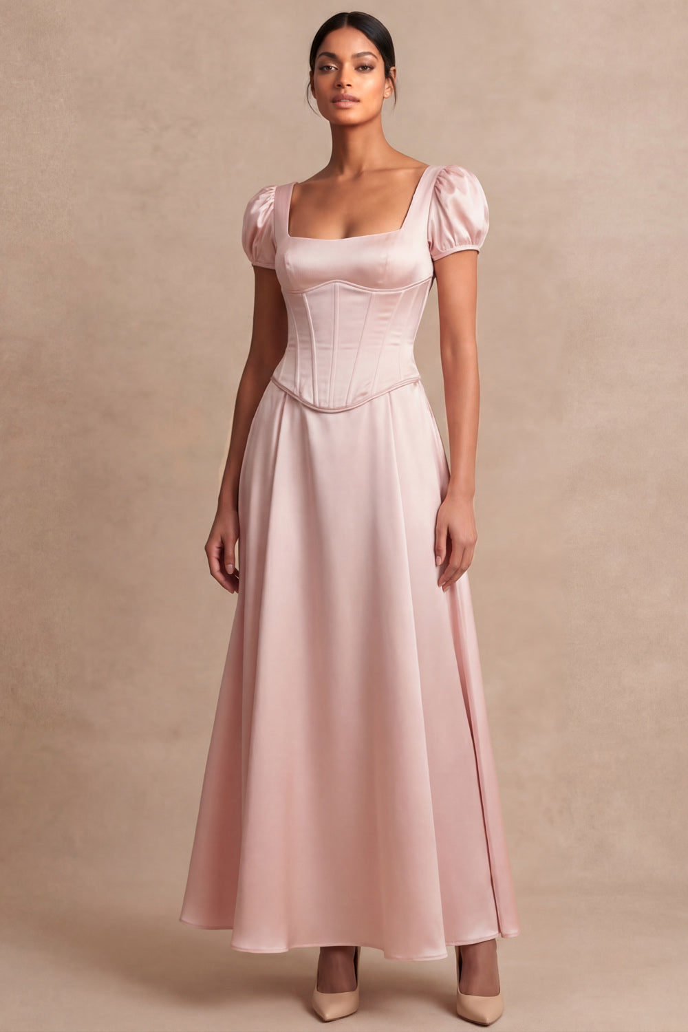 Satin White A Line Corset Puff Sleeves Long Engagement Dress