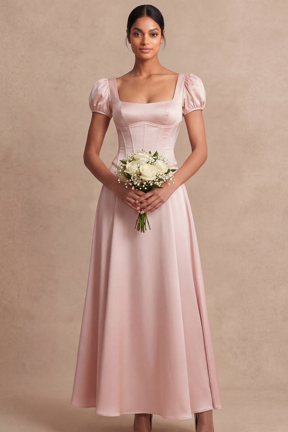 Satin White A Line Corset Puff Sleeves Long Engagement Dress