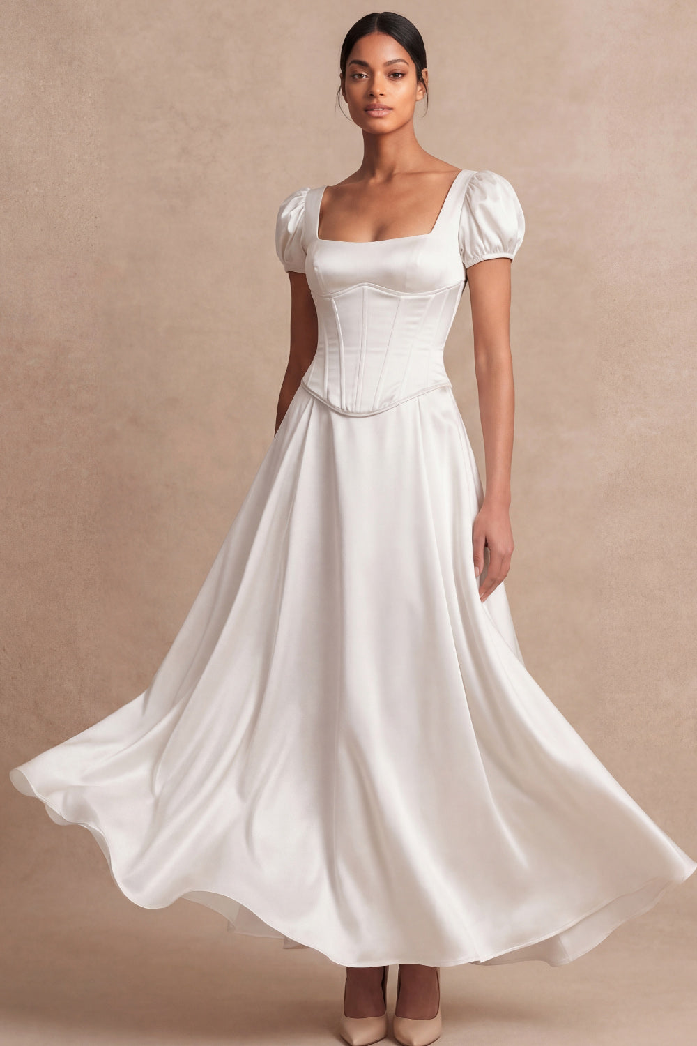 Leely Women Satin White A Line Corset Long Engagement Dress Puff Sleeves Square Neck Wedding Reception Dress