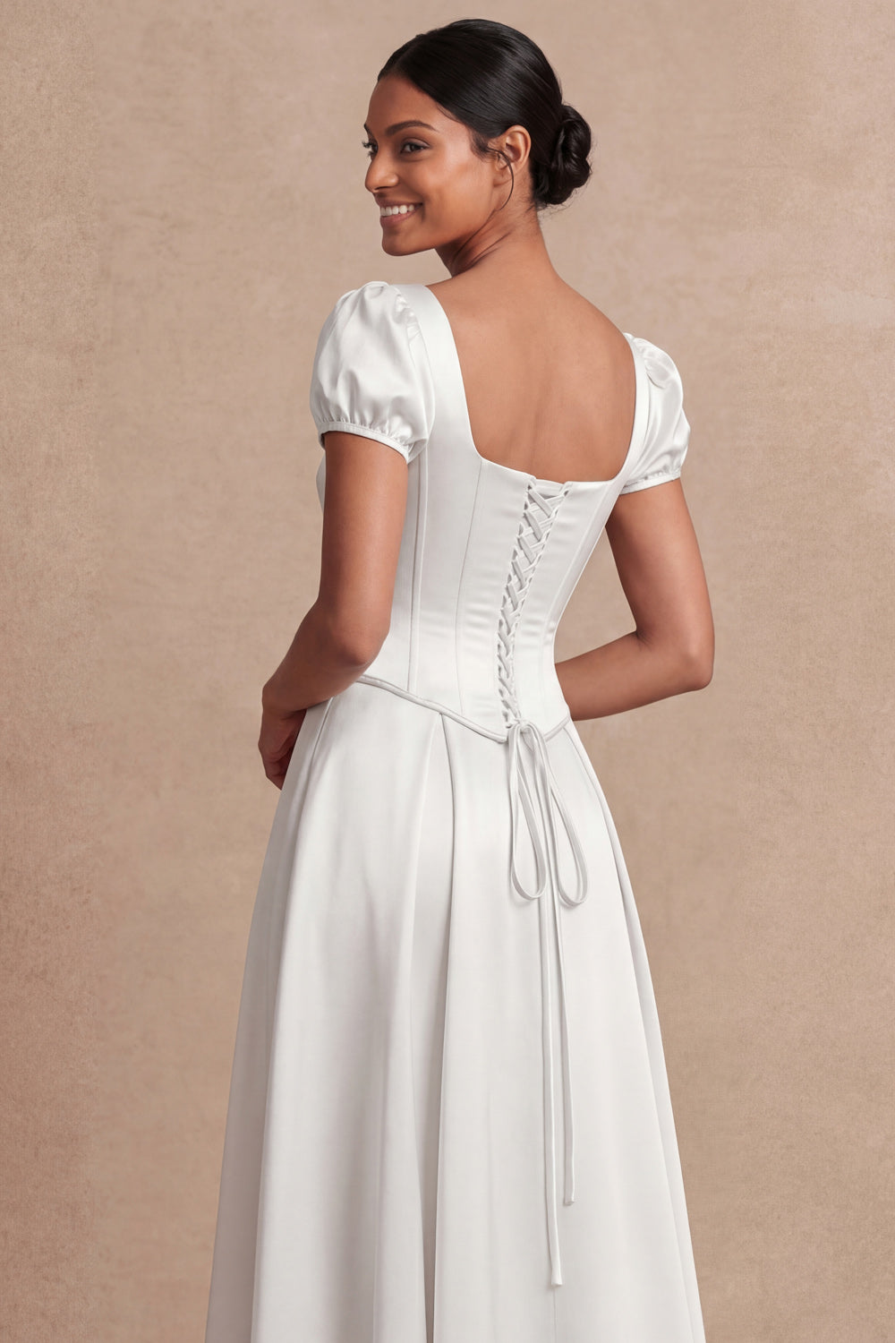 Satin White A Line Corset Puff Sleeves Long Engagement Dress