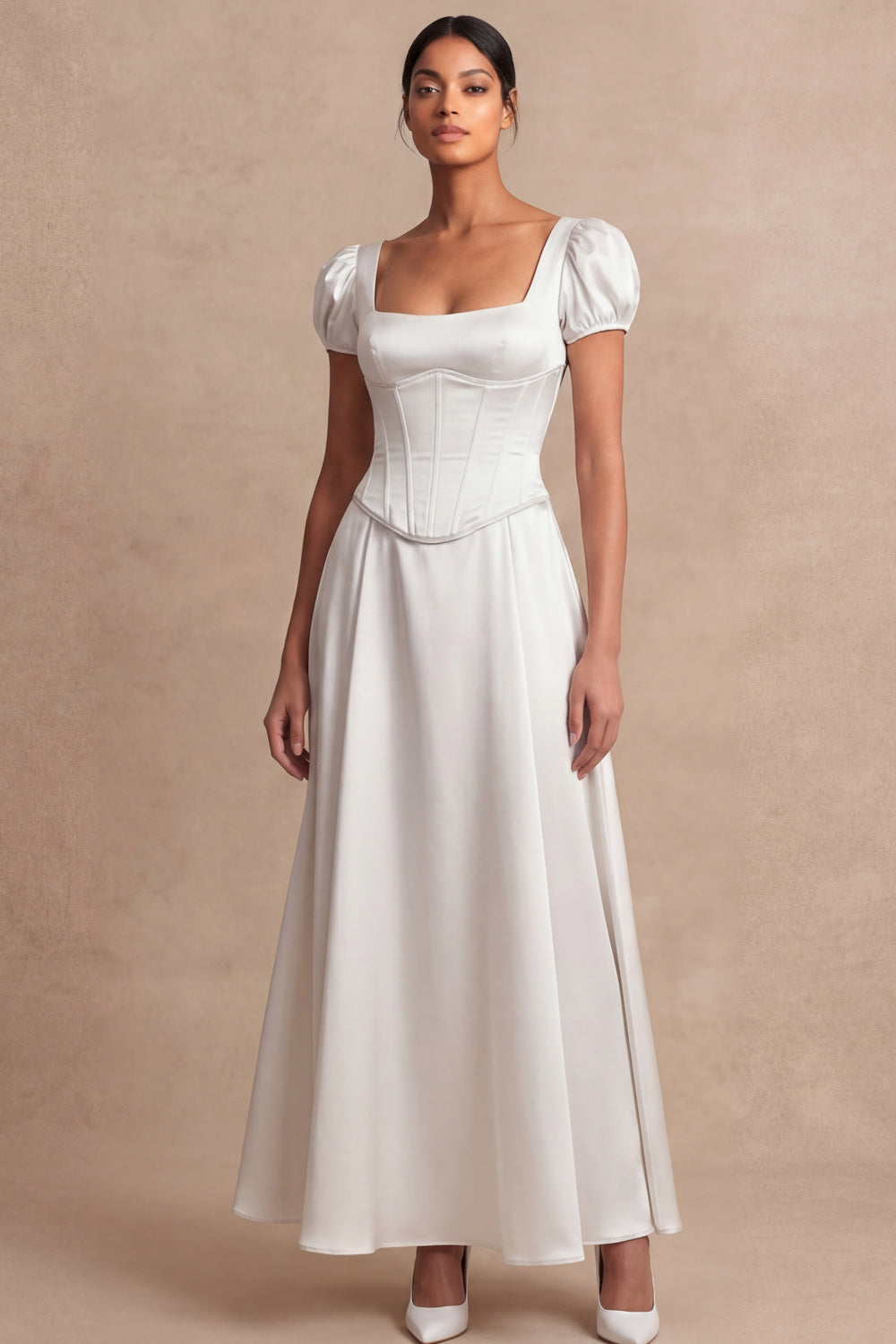 Satin White A Line Corset Puff Sleeves Long Engagement Dress