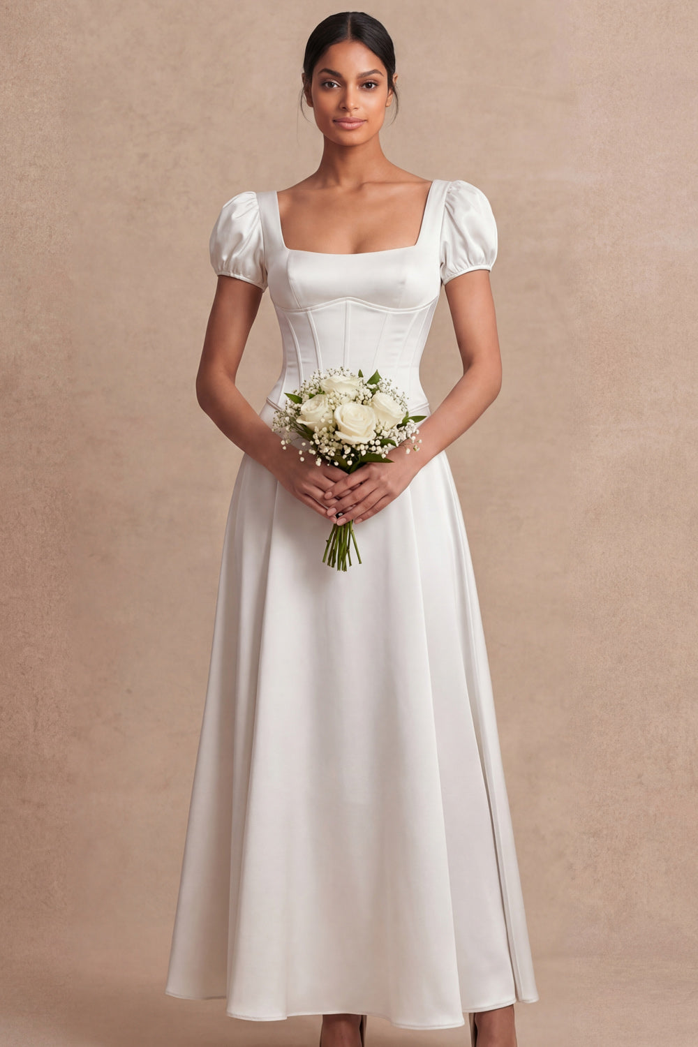 Satin White A Line Corset Puff Sleeves Long Engagement Dress