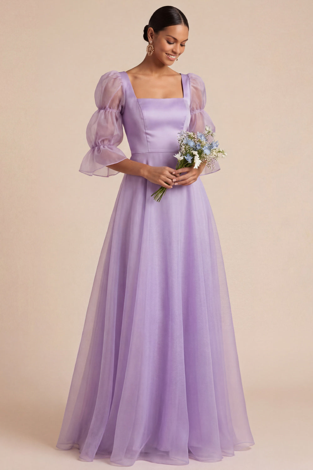 Leely Women Elegant Lilac A Line Long Bridesmaid Dress Square Neck 3/4 Sleeves Wedding Guest Dress