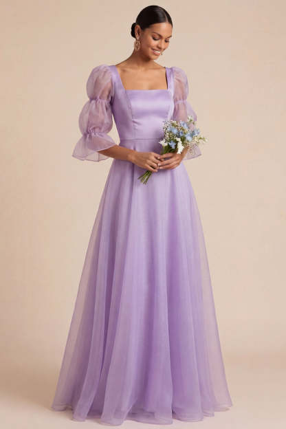 Leely Women Elegant Lilac A Line Long Bridesmaid Dress Square Neck 3/4 Sleeves Wedding Guest Dress