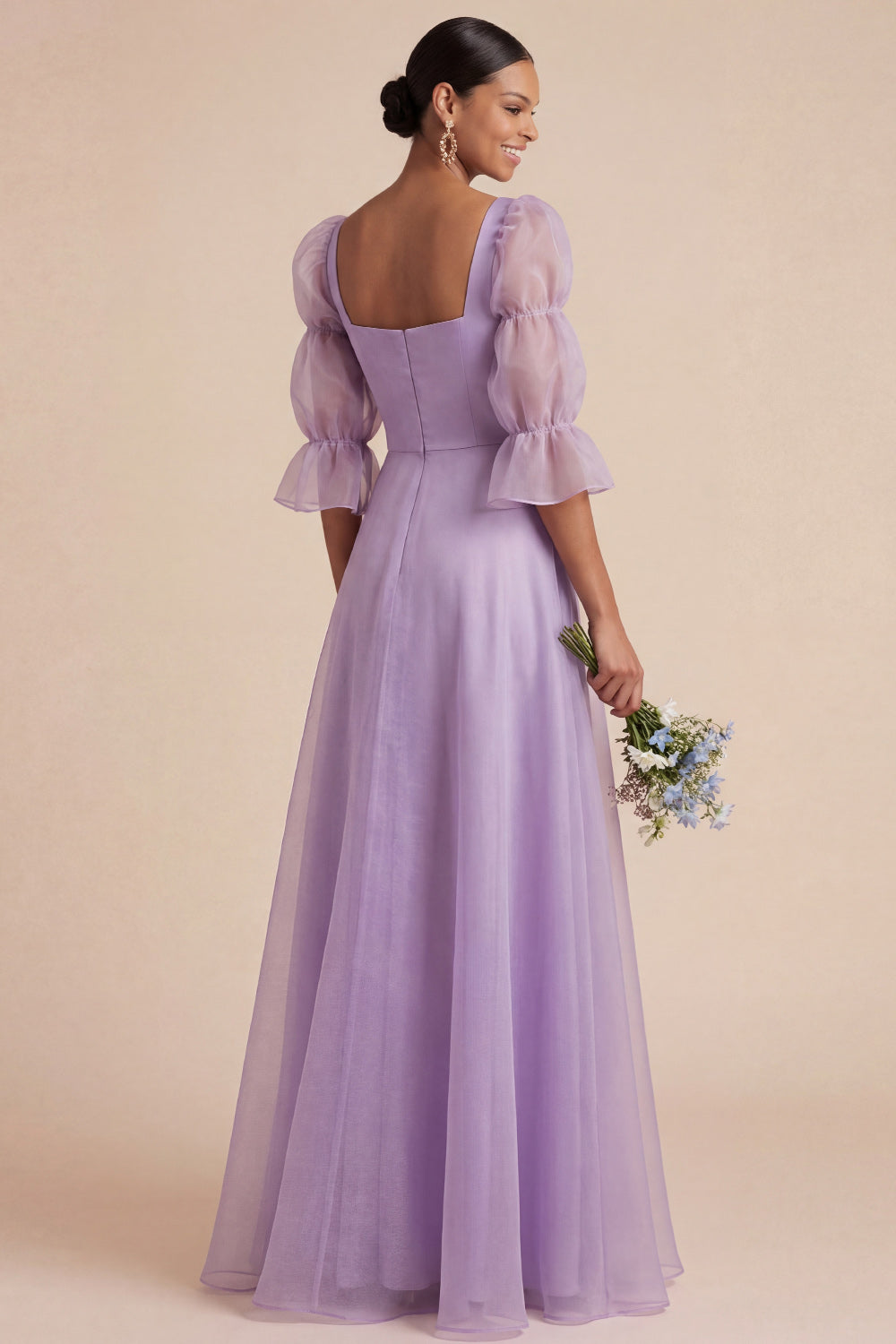 Elegant Lilac Square Neck A Line Long Bridesmaid Dress with Sleeves