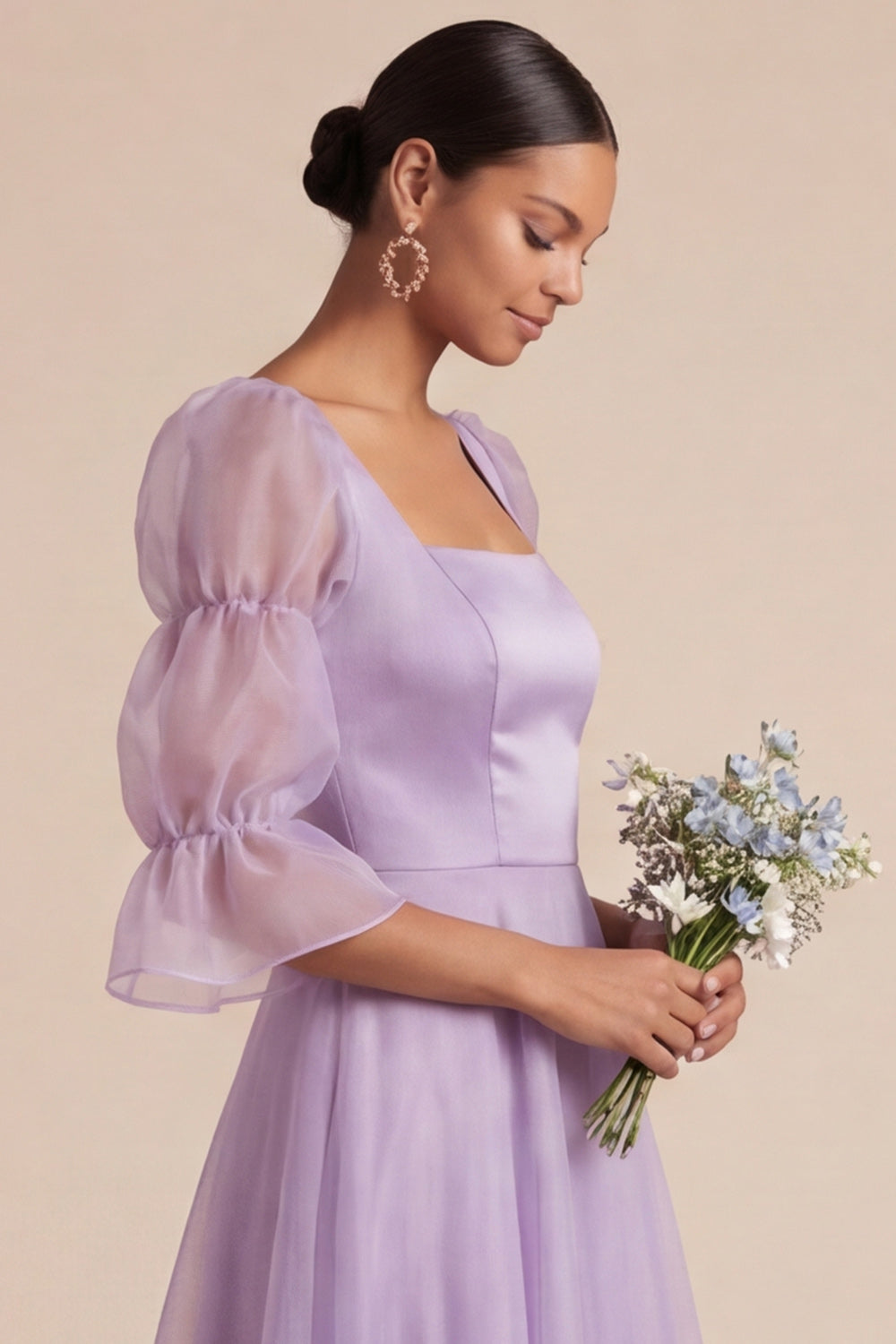 Elegant Lilac Square Neck A Line Long Bridesmaid Dress with Sleeves